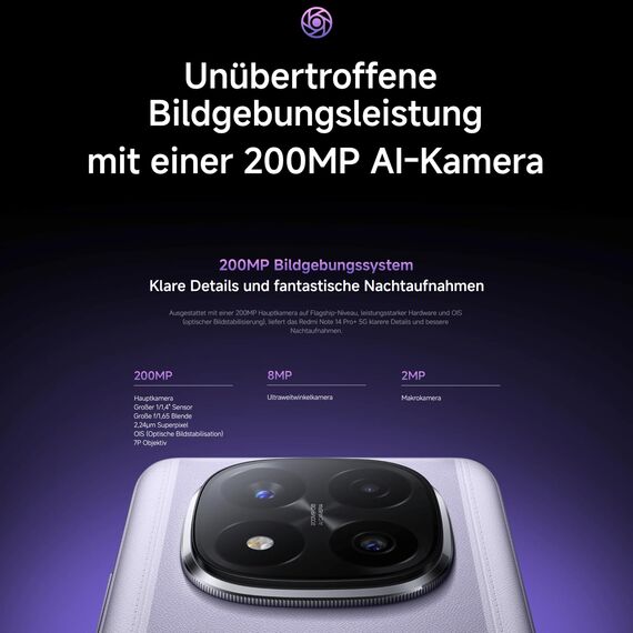 XIAOMI Redmi Note 14 Pro+ 5G Smartphone, 8 + 256GB, lila, 200MP professionelle AI-Kamera, IP68, 120W HyperCharge, AI-Funktionen (kein Ladegerät enthalten)