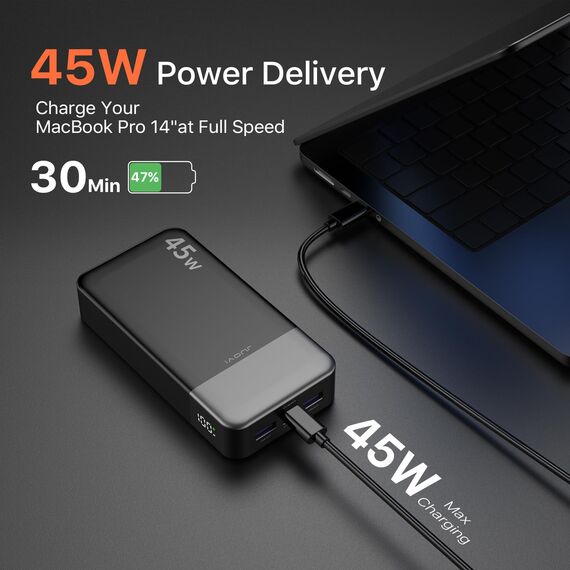 JUOVI Power Bank, 20000mAh 45W Tragbares Ladegerät, PD3.0 QC4.0 Schnelles Laden 4-Port mit LED Anzeige, Akkupack Ladegerät tragbar für MacBook, iPhone 15 14 13 Pro Samsung S23 S22 (Schwarz)