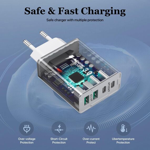 USB C Ladegerät 40W,4-Ports Mehrfach Ladegerät mit USB-C+USB-A,USBC Schnellladeblock Dual Port PD+QC Wandstecker Multiport Typ C Kompatibel mit iPhone 16/15/14/13/12 Pro Max/Galaxy S25/S24/S23/Tablet