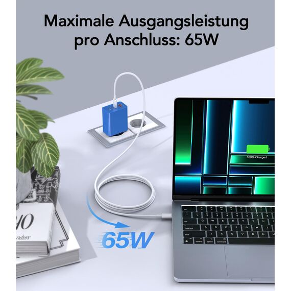 Anykon USB C Ladegerät 65W GaN Netzteil, 3-Port PD+QC Schnellladegerät mit 2M Ladekabel, USB C Fast Charger für MacBook Air Pro M1/M2,iPhone 17 Pro Max/16/15/14/13, Galaxy S24 Ultra/S23/S22, Tablet