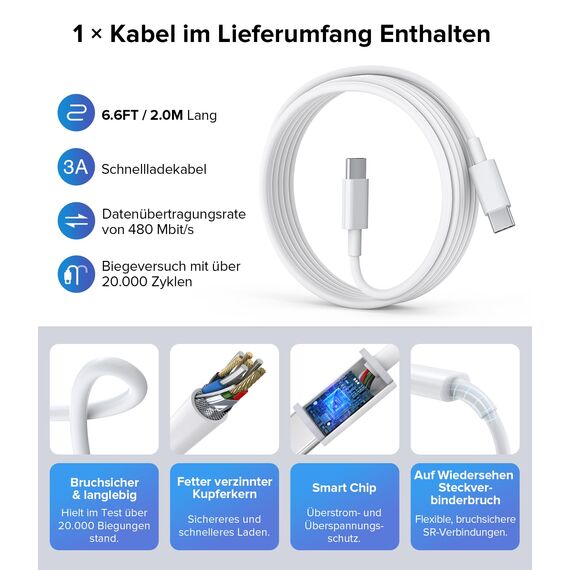 Anykon 65W USB C Ladegerät, 3 Port GaN Netzteil Adapter, USB C PD 3.0 PPS Schnellladegerät mit 2M Kabel für MacBook Air Pro M1/M2,iPhone 17 Pro Max/16/15/14/13,Switch,Galaxy S24 Ultra/S23/S22,Tablet
