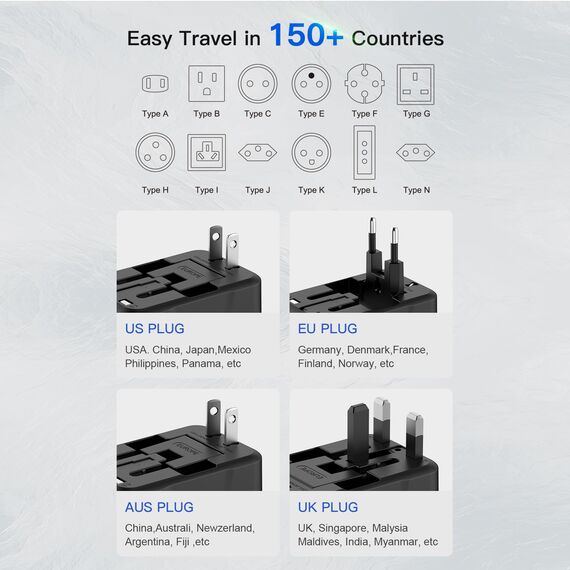 Reiseadapter Weltweit Universal Reisestecker mit USB C, Internationaler Steckdosenadapter mit 1 USB A Universal AC Steckdose Travel Adapter für USA EU UK AUS