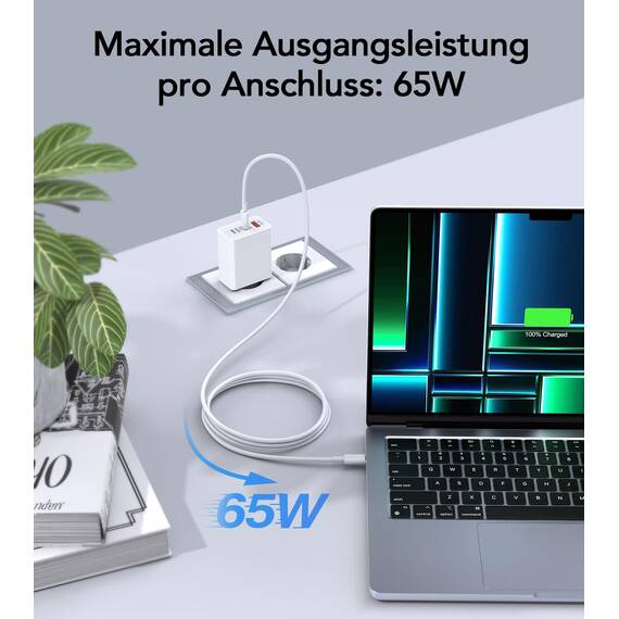 3 IN 1 USB C Ladegerät, 65W USB Schnellladegerät mit Ladekabel 2M, PD&QC USB C Netzteil für MacBook Air Pro M1/M2,iPhone 17 Pro Max/16/15/14/13,Switch,Galaxy S24 Ultra/S23/S22,Tablet, Laptop, Handys