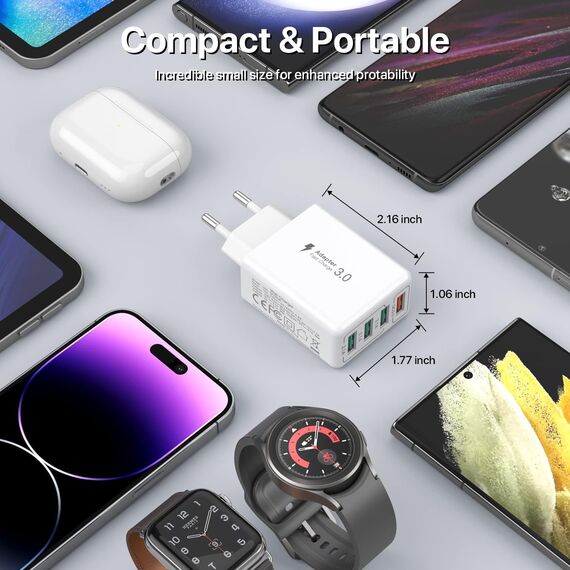 USB-Ladegerät, 4-Port USB-Ladeadapter mit 33W Smart QC 3.0 Schnellladegerät, Multi-Port-Ladegerät kompatibel mit iPhone 12/13/14/15/16/Galaxy S21/S22/S23/S24
