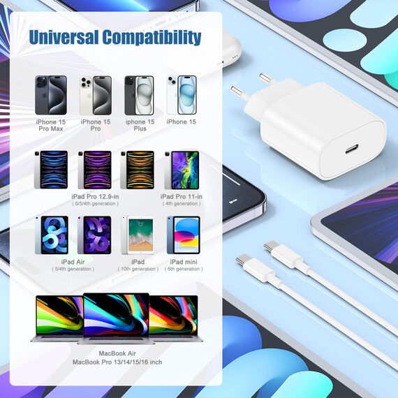 USB C Ladegerät Ladekabel für iPhone 17/17 Air/16 Pro/16 Pro Max/16 Plus/15 Pro/15 Pro Max/15 Plus, iPad, MacBook, Samsung, 20W USB C Power Adapter Schnellladegerät mit Schnellladekabel 2M