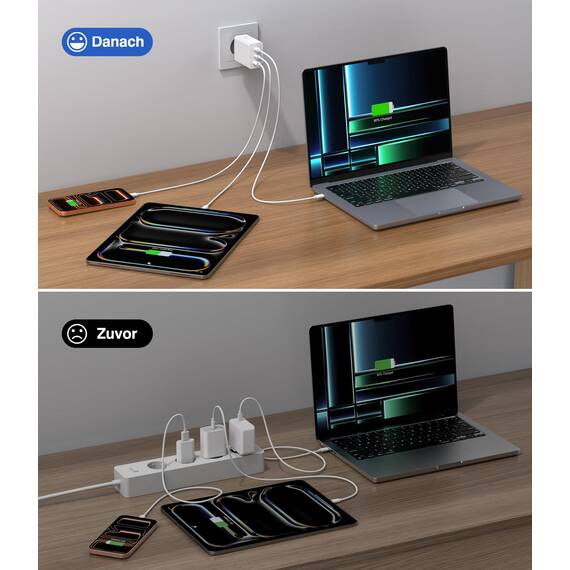 3 IN 1 USB C Ladegerät, 65W USB Schnellladegerät mit Ladekabel 2M, PD&QC USB C Netzteil für MacBook Air Pro M1/M2,iPhone 17 Pro Max/16/15/14/13,Switch,Galaxy S24 Ultra/S23/S22,Tablet, Laptop, Handys