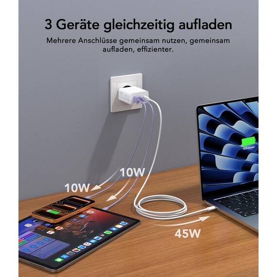 3 IN 1 USB C Ladegerät, 65W USB Schnellladegerät mit Ladekabel 2M, PD&QC USB C Netzteil für MacBook Air Pro M1/M2,iPhone 17 Pro Max/16/15/14/13,Switch,Galaxy S24 Ultra/S23/S22,Tablet, Laptop, Handys