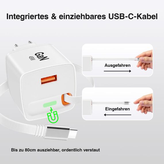 envircell 45W USB C Ladegerät mit Einziehbarem Kabel, GaN Schnellladegerät mit 2 Port, PPS Netzteil Kompatibel mit Galaxy S25, S24, A15, iPhone 16-8 Serie, Pads, MacBook Air