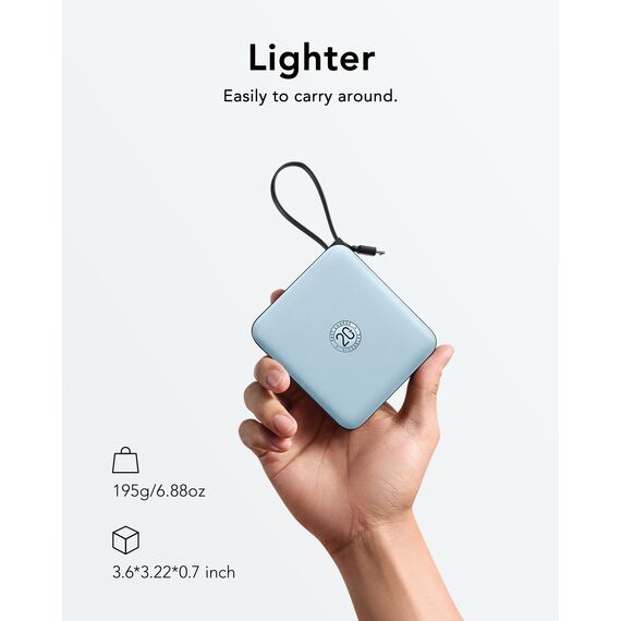 VRURC Power Bank mit Kabel 10000mAh Klein USB C Powerbank Schnelles Aufladen 22.5W Mini Tragbares Ladegerät Externer Akku Klein Aber Stark akkupack LED-Anzeige Kompatibel mit iPhone Huawei (Blau)