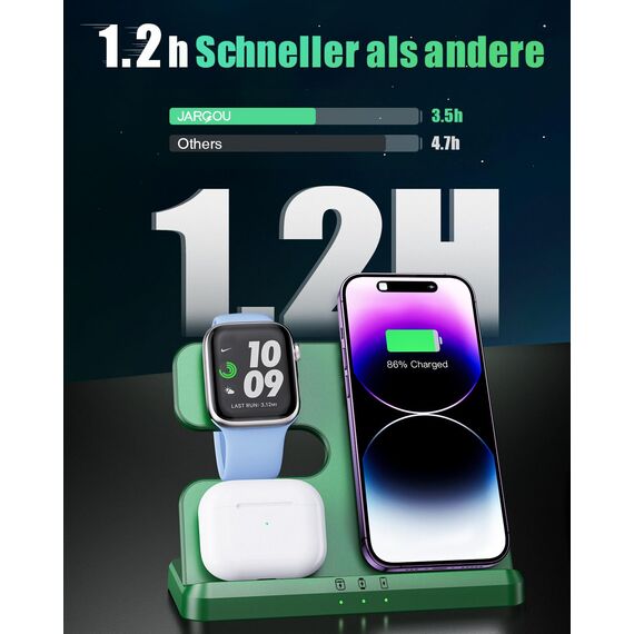 JARGOU 3 in 1 Kabelloses Ladegerät, Ladestation für Apple Watch und iPhone AirPods, Wireless Charger für iPhone 17 16 15 14 13 12 11 Pro Max, für Apple Watch 11/Ultra 3/10/9/8/7/6/SE/AirPods Pro 4 3 2