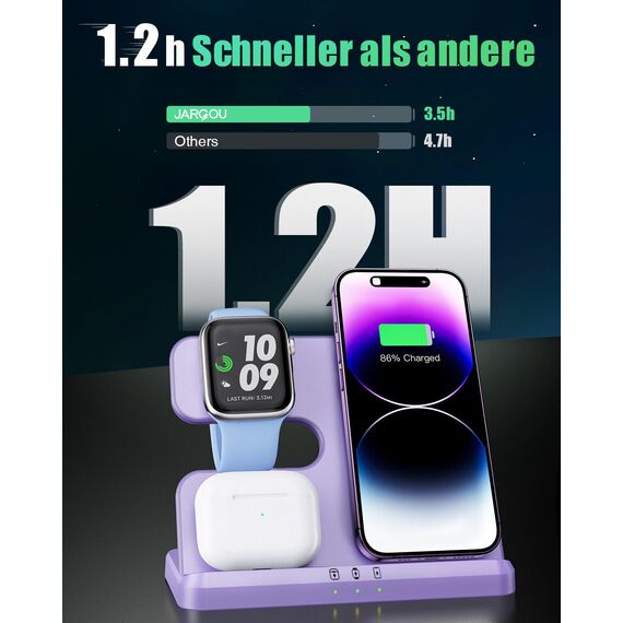 JARGOU 3 in 1 iPhone Ladestation Kabelloses Ladegerät für Apple, Wireless Charger für iPhone 16 15 14 13 12 11 Pro Max/XS/8, für Apple Watch 10/9/Ultra 2/8/7/6/SE/5/4/3/AirPods Pro 4/3/2