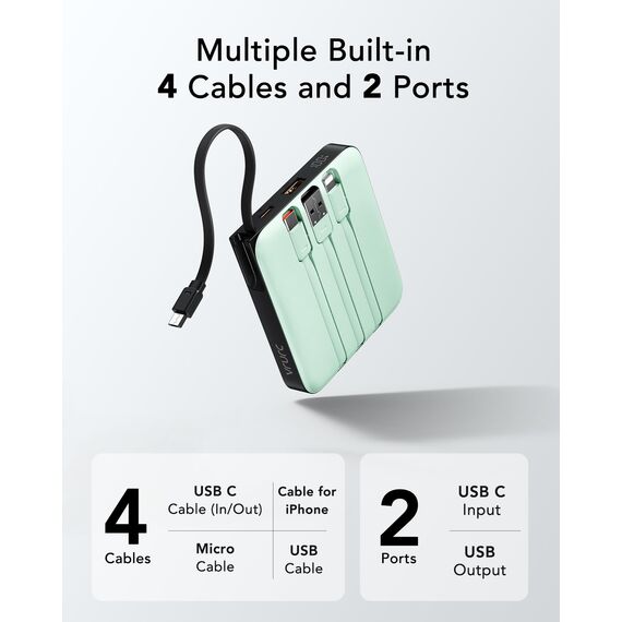 VRURC Power Bank mit Kabel 10000mAh Klein USB C Powerbank Schnelles Aufladen 22.5W Mini Tragbares Ladegerät Externer Akku Klein Aber Stark akkupack LED-Anzeige Kompatibel mit iPhone Huawei (Grün)