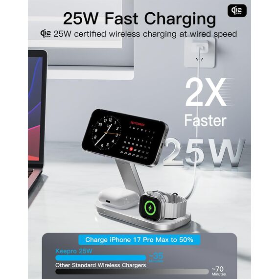 3‑in‑1 Ladestation für Apple Geräte, Qi2 25 W magnetisches kabelloses Laden, Faltbarer Fast Charger Stand kompatibel mit Mag‑Safe für iPhone Air/17/16/15/14/13/12, Apple Watch und Air‑Pods