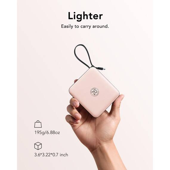 VRURC Power Bank mit Kabel 10000mAh Klein USB C Powerbank Schnelles Aufladen 22.5W Mini Tragbares Ladegerät Externer Akku Klein Aber Stark akkupack LED-Anzeige Kompatibel mit iPhone Huawei (Rosa)