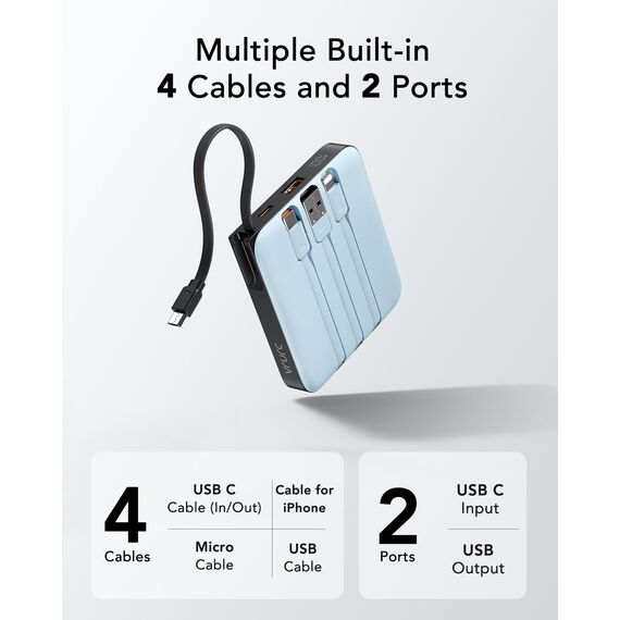 VRURC Power Bank mit Kabel 10000mAh Klein USB C Powerbank Schnelles Aufladen 22.5W Mini Tragbares Ladegerät Externer Akku Klein Aber Stark akkupack LED-Anzeige Kompatibel mit iPhone Huawei (Blau)