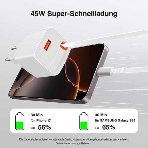 envircell 45W USB C Ladegerät mit Einziehbarem Kabel, GaN Schnellladegerät mit 2 Port, PPS Netzteil Kompatibel mit Galaxy S25, S24, A15, iPhone 16-8 Serie, Pads, MacBook Air