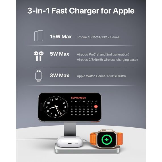 Kabelloses Ladegerät mit Mag-Safe, 3 in 1 Ladestation für Apple Faltbar Induktive Wireless Charger für iPhone 17e/17/16/15/14/13/12/Air, Apple Watch 10/9/8/7/6/SE/5/4/3/, AirPods Pro