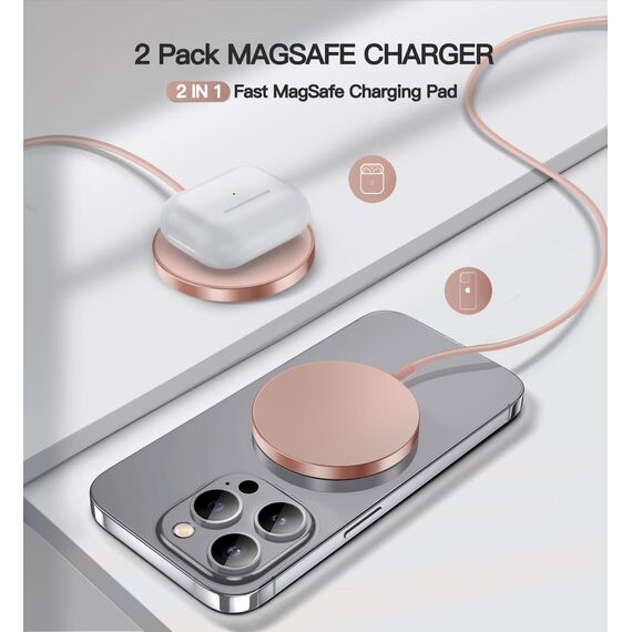 Mag-Safe Ladegerät Wireless Charger iPhone, 15W Schnell Apple induktive ladestation für iPhone 17/16/15/14/13/12 Serie und AirPods 4/3/2/Pro 2, 2er-Pack 5ft Kabel,Mag-Safe Originalersatz