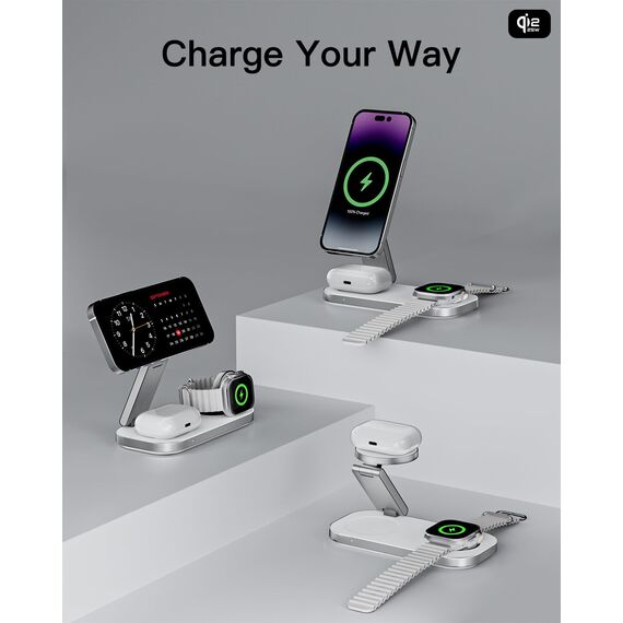 3‑in‑1 Ladestation für Apple Geräte, Qi2 25 W magnetisches kabelloses Laden, Faltbarer Fast Charger Stand kompatibel mit Mag‑Safe für iPhone Air/17/16/15/14/13/12, Apple Watch und Air‑Pods