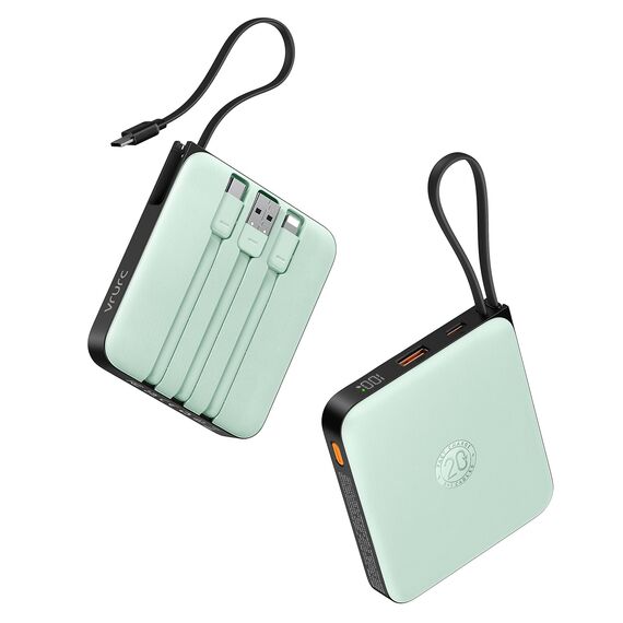 VRURC Power Bank mit Kabel 10000mAh Klein USB C Powerbank Schnelles Aufladen 22.5W Mini Tragbares Ladegerät Externer Akku Klein Aber Stark akkupack LED-Anzeige Kompatibel mit iPhone Huawei (Grün)