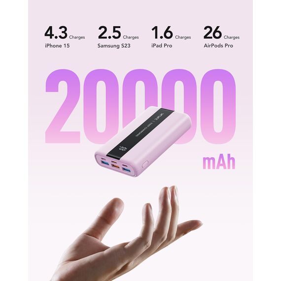 VRURC Power Bank 20000mAh – Kleiner & tragbarer externer Akku mit 22,5W QC & PD 3.0 Schnellladen, USB-C, 6 Ports & LED-Anzeige, CE-zertifizierte Powerbank für iPhone, Samsung, Huawei, iPad & Reisen