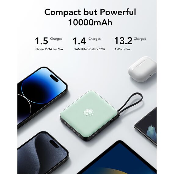 VRURC Power Bank mit Kabel 10000mAh Klein USB C Powerbank Schnelles Aufladen 22.5W Mini Tragbares Ladegerät Externer Akku Klein Aber Stark akkupack LED-Anzeige Kompatibel mit iPhone Huawei (Grün)
