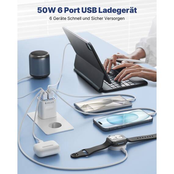 Tupneuf USB Ladegerät, 6 Ports Mehrfach Stecker mit QC 3.0 (3A/12V) und USB-A(3A/5V), 50W Netzteil Schnellladegerät Adapter für iPhone 16 15 14 Pro Max 13 12 11 SE 2020 XS XR 8 7, Samsung, Handys