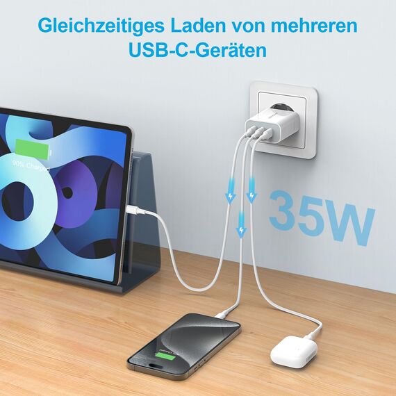 USB C Ladegerät 35W, 3-Port USB C Netzteil/Stecker/Adapter, Schnellladegerät Kompatibel iPhone 17 16 15 14 13 12 11,PD3.0 Samsung S23/S22, Xiaomi, Google Pixel 7/6, iPad Power Adapter