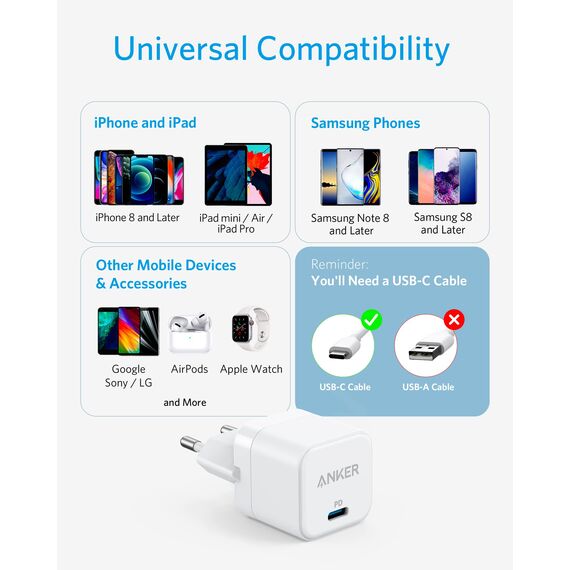 Anker PowerPort III 20W USB-C Netzteil Ladewürfel Schnellladeoption, iPad Ladegerät, Kompatibel mit iPhone 16/15/14/13/12 Serie, Galaxy, Pixel 4/3, iPad/iPad mini, Weiß (Ladekabel Nicht inklusive)