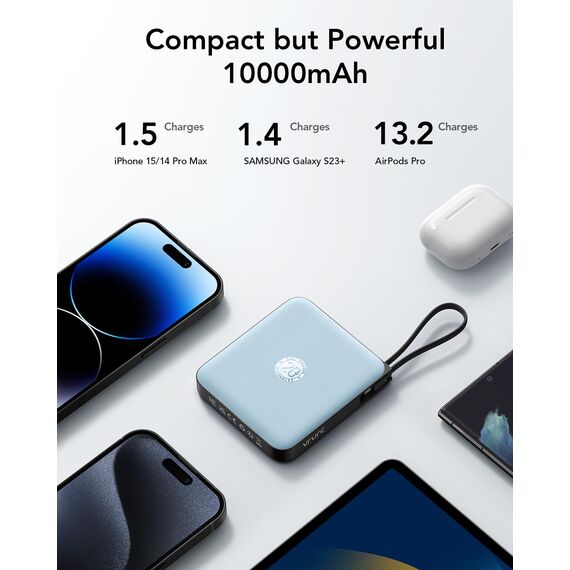VRURC Power Bank mit Kabel 10000mAh Klein USB C Powerbank Schnelles Aufladen 22.5W Mini Tragbares Ladegerät Externer Akku Klein Aber Stark akkupack LED-Anzeige Kompatibel mit iPhone Huawei (Blau)