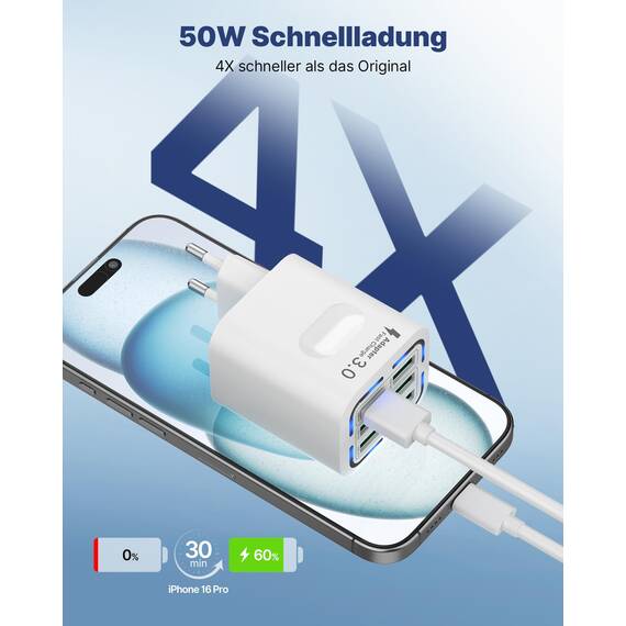 Tupneuf USB Ladegerät, 6 Ports Mehrfach Stecker mit QC 3.0 (3A/12V) und USB-A(3A/5V), 50W Netzteil Schnellladegerät Adapter für iPhone 16 15 14 Pro Max 13 12 11 SE 2020 XS XR 8 7, Samsung, Handys