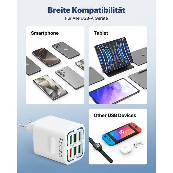 Tupneuf USB Ladegerät, 6 Ports Mehrfach Stecker mit QC 3.0 (3A/12V) und USB-A(3A/5V), 50W Netzteil Schnellladegerät Adapter für iPhone 16 15 14 Pro Max 13 12 11 SE 2020 XS XR 8 7, Samsung, Handys