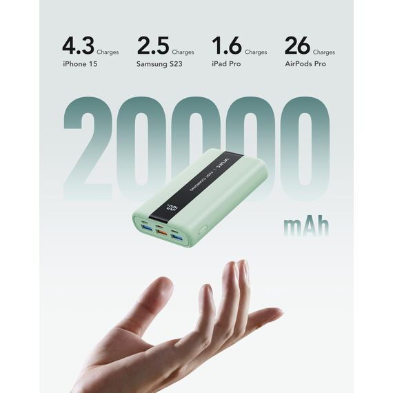 VRURC Power Bank 20000mAh – Kleiner & tragbarer externer Akku mit 22,5W QC & PD 3.0 Schnellladen, USB-C, 6 Ports & LED-Anzeige, CE-zertifizierte Powerbank für iPhone, Samsung, Huawei, iPad & Reisen