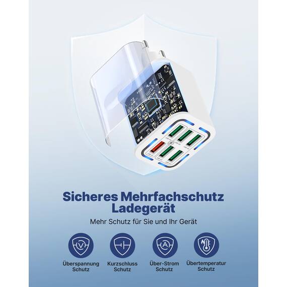 Tupneuf USB Ladegerät, 6 Ports Mehrfach Stecker mit QC 3.0 (3A/12V) und USB-A(3A/5V), 50W Netzteil Schnellladegerät Adapter für iPhone 16 15 14 Pro Max 13 12 11 SE 2020 XS XR 8 7, Samsung, Handys