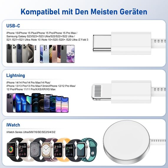 3 in 1 Ladekabel für Apple Watch und iPhone,Original iPhone Kabel USB C 2m mit Ladegerät,Typ C Adapter Stecker und Lightning Kabel für iPhone 16/15/14 Pro Max/Plus/13/12,iWatch Series SE/10/9/8/7/6/5