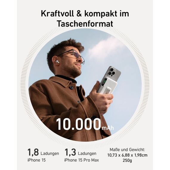 Anker MagGo Powerbank, Qi2-zertifiziert 15W MagSafe-kompatibles Ladegerät, 10.000mAh, Display & klappbarer Ständer, Für iPhone 17/16/15/14, Mit USB-C Kabel