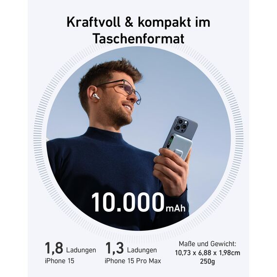 Anker MagGo Power Bank, Qi2-zertifiziertes 15W schnelles MagSafe-kompatibles mobiles Ladegerät, 10.000mAh Akku, Smartes Display & klappbarer Ständer, Für iPhone 17/16/15/14/13, Inkl. USB-C Kabel