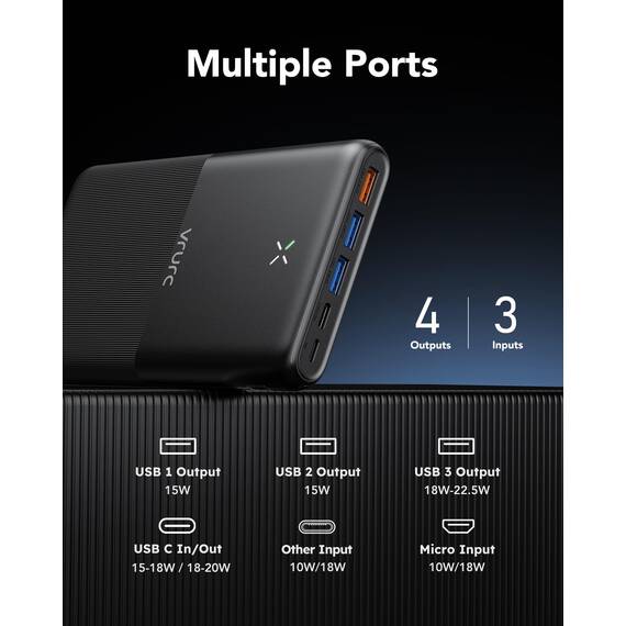 VRURC Power Bank 30000mAh 22.5W Powerbank USB C Schnelles Aufladen Externe Handyakkus mit 4 Ausgänge und 3 Eingänge Tragbares Ladegerät kompatibel mit iPhone, Huawei, Tablets usw (Schwarz)