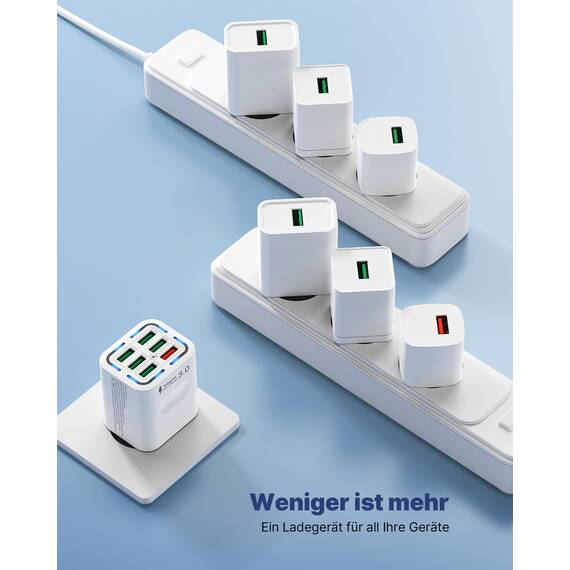 Tupneuf USB Ladegerät, 6 Ports Mehrfach Stecker mit QC 3.0 (3A/12V) und USB-A(3A/5V), 50W Netzteil Schnellladegerät Adapter für iPhone 16 15 14 Pro Max 13 12 11 SE 2020 XS XR 8 7, Samsung, Handys