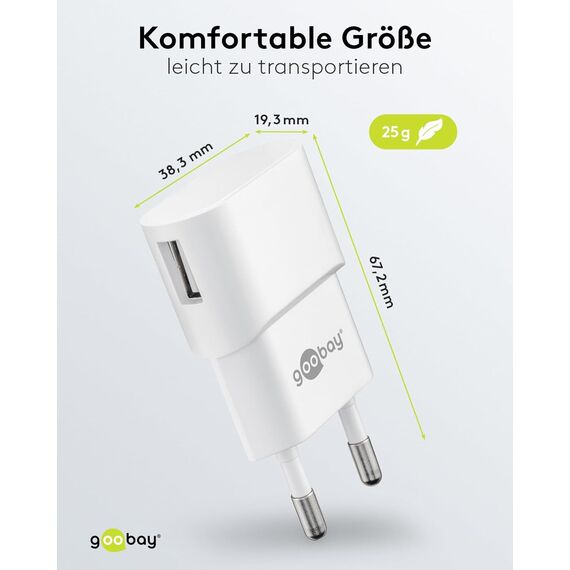 Goobay 44948 USB Netzteil Adapter für Steckdose 1 A (5W) / Netzteil mit seitlichem Eingang/Für Smartphone Ladekabel/Netzstecker/Stecker für USB Ladekabel/Steckdosenadapter/Weiß