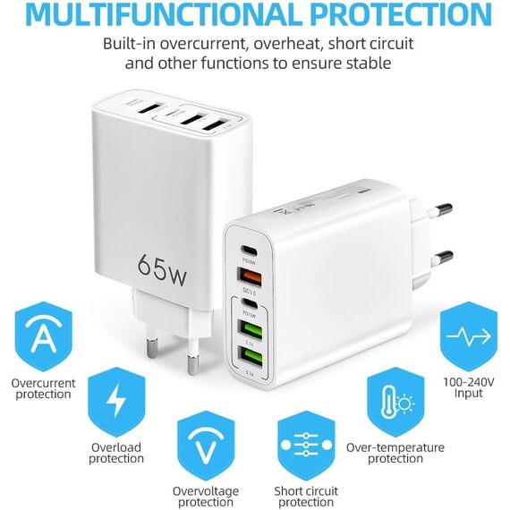 AXFEE USB C Ladegerät, 65W Multi Schnellladegerät, 5 Ports Mehrfach Ladegerät mit Type-C und USB-A, PD 3.0 Power Adapter Type-c Netzteil, für iPhone 16 15 14 Pro Max 13 Samsung, Weiß