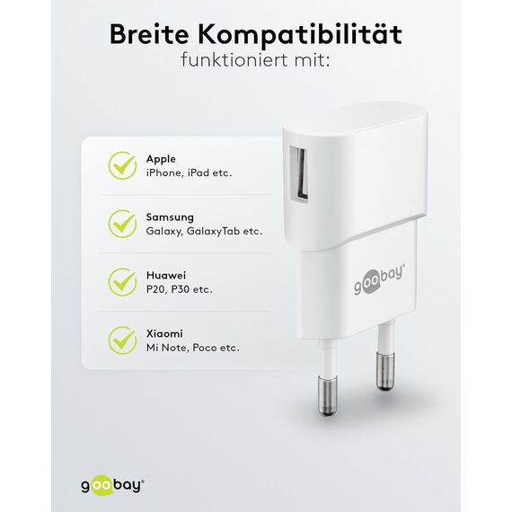Goobay 44948 USB Netzteil Adapter für Steckdose 1 A (5W) / Netzteil mit seitlichem Eingang/Für Smartphone Ladekabel/Netzstecker/Stecker für USB Ladekabel/Steckdosenadapter/Weiß