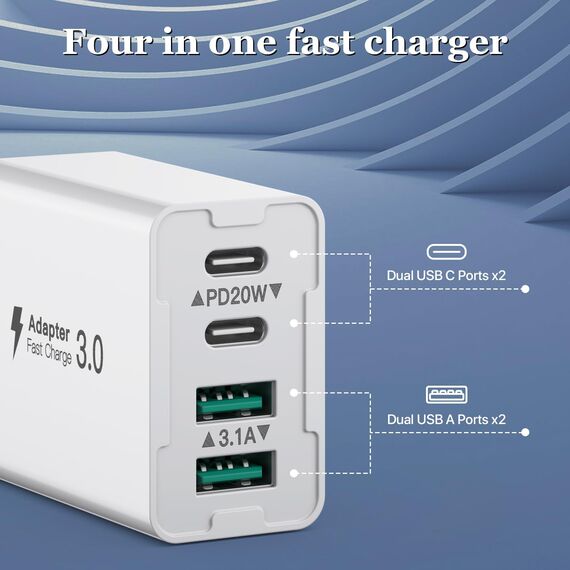[2 Stück] USB C Ladegerät 40W,4 Ports Mehrfach Ladegerät mit USB-C und USB-A,USB C Schnellladeblock Dual Port PD+QC Wandstecker Multiport Typ C Kompatibel mit iPhone 14/15/13/12/Galaxy S25/Tablet