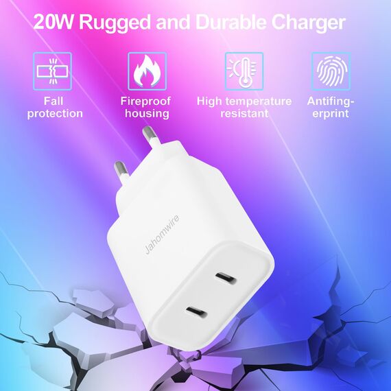 20W USB-C Doppelladegerät für iPhone & iPad | 2 Port Dual Schnellladegerät mit USB-C & USB-C | Inkl. 2M Lightning Ladekabel | Kompatibel mit iPhone14/13/12/11 Pro Max/XS/SE & iPad