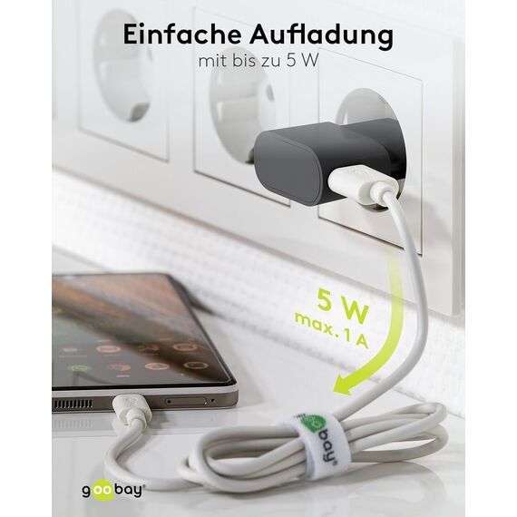 Goobay 44948 USB Netzteil Adapter für Steckdose 1 A (5W) / Netzteil mit seitlichem Eingang/Für Smartphone Ladekabel/Netzstecker/Stecker für USB Ladekabel/Steckdosenadapter/Weiß