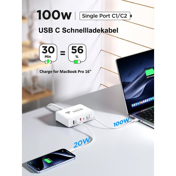 USB C Ladegerät, 165W 6-Port USB Mehrfach Ladegerät, 100W Schnellladegerät USB C PD 3.0 Power Adapter, USB Netzteil für MacBook Pro/Air,iPhone 16/15/14/13,Samsung S24/S23