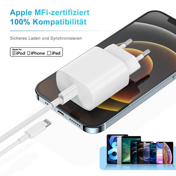 iPhone Schnellladegerät,Apple Netzteil Ladegerät 20W mit USB C Lightning Kabel 2M Original, Type C Ladeadapter, Power Adapter Stecker und Ladekabel für iPhone 14 Pro Max/13 Mini/12 Pro/11/XS/XR/8 iPad