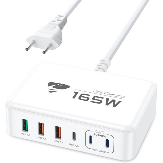USB C Ladegerät, 165W 6-Port USB Mehrfach Ladegerät, 100W Schnellladegerät USB C PD 3.0 Power Adapter, USB Netzteil für MacBook Pro/Air,iPhone 16/15/14/13,Samsung S24/S23