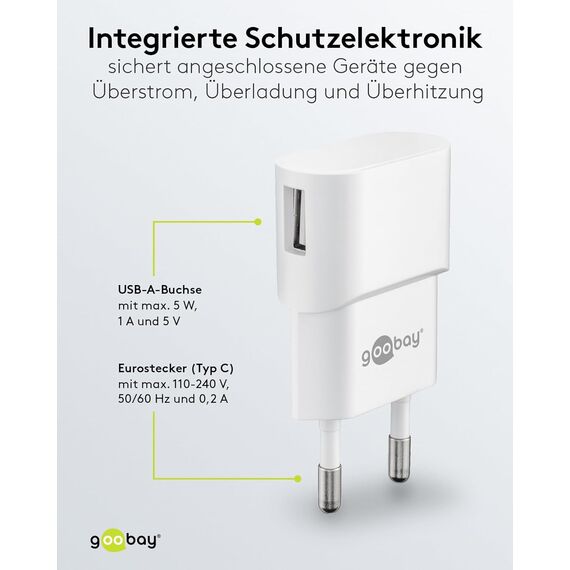 Goobay 44948 USB Netzteil Adapter für Steckdose 1 A (5W) / Netzteil mit seitlichem Eingang/Für Smartphone Ladekabel/Netzstecker/Stecker für USB Ladekabel/Steckdosenadapter/Weiß