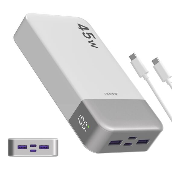 JUOVI Power Bank Fast Charging, 20000mAh 45W Tragbares Ladegerät, Super Fast Charging mit LED Display, USB C Power Bank für MacBook, für iPhone 15 14 13 Pro Samsung S24 S23(Weiß)